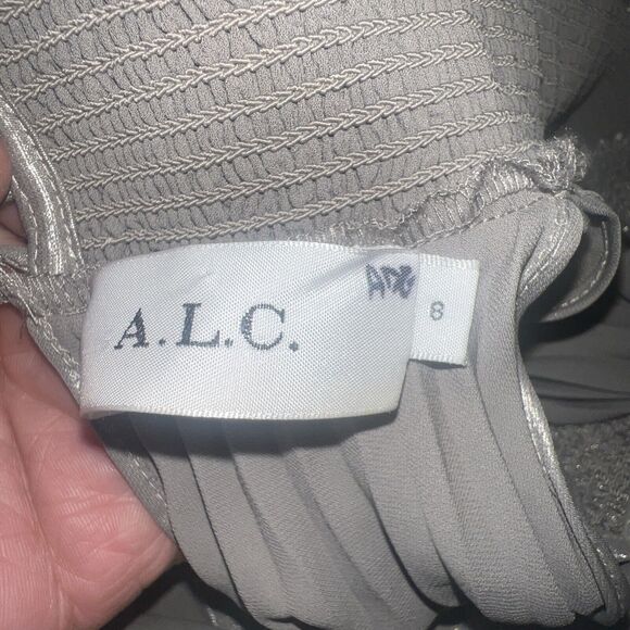 A.L.C Weston Pleated Midi Cocktail Dress Sz 8 Silver Metallic Sleeveless - Picture 9 of 11